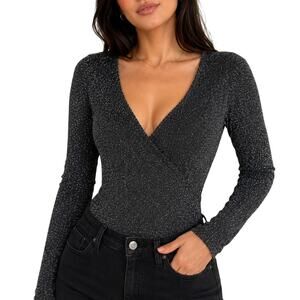 Forever 21 Black Metallic Shimmer Bodysuit L